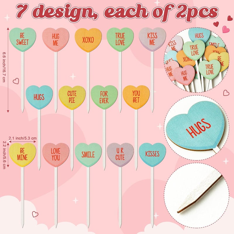 TICIAGA Valentines Wooden Decorative Picks - 14PCS Valentine’s Day Double-Sided Wooden Heart Picks with Words Romantic Farmhouse Decor Colorful Floral Holiday Decorations for Home Vase Filler - Image 2